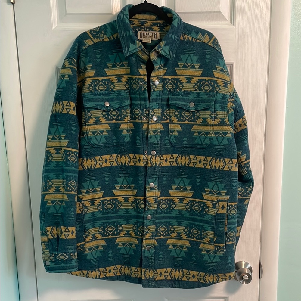 Duluth Trading Tucson Aztec Nylon Lined Jacket Blue Green Yellow - Men’s Size M